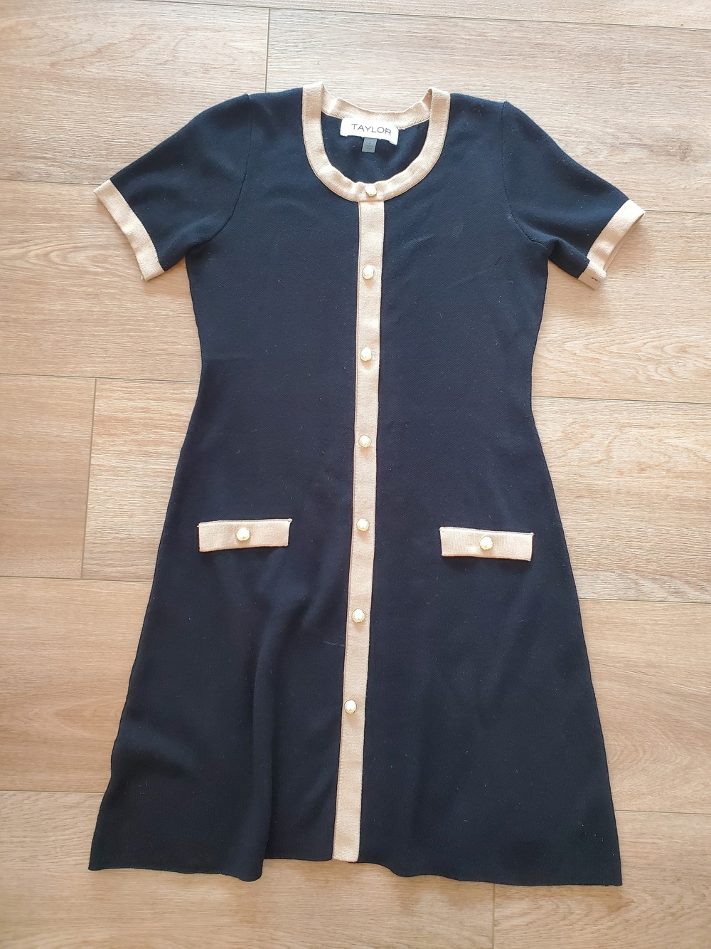 Taylor Black Mini Dress with Beige Trim and Gold Buttons